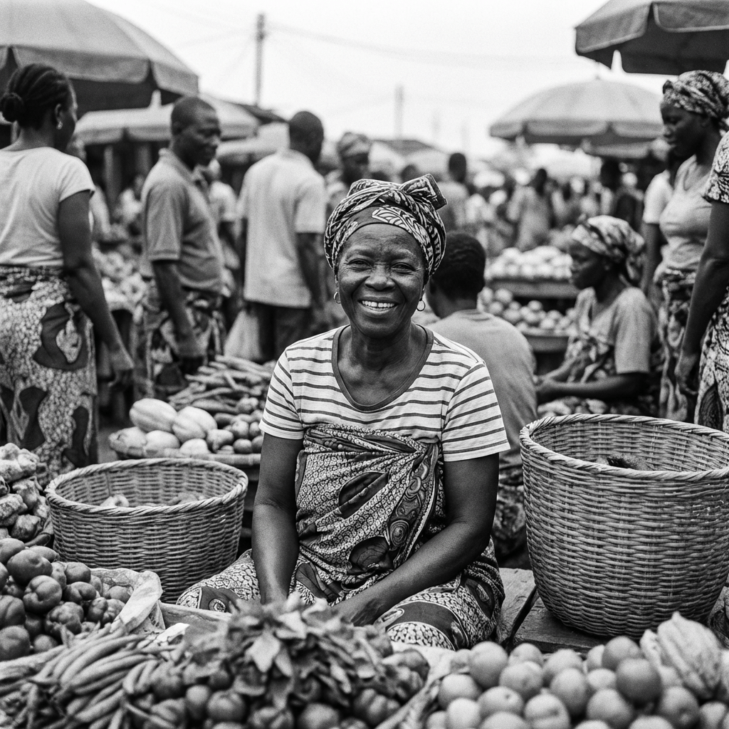Smiling woman sitting behind baskets of fresh produce in a crowded, busy outdoor market.